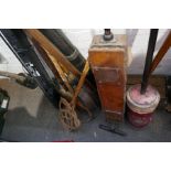 A collection of vintage carpet sweepers, hoovers, bed pans etc