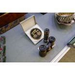 A vintage pair of opera binoculars, oriental compact in its original box and a small telescope