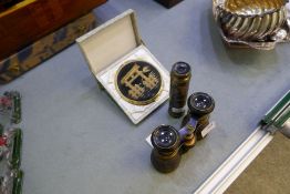 A vintage pair of opera binoculars, oriental compact in its original box and a small telescope