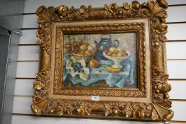 Oil on canvas still life, signed L. Marin, impressive gilt frame picture 39 x 30cm