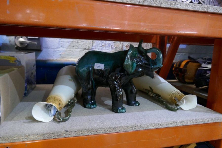 A large scale Canadian Blue Mountain style elephant and two vases