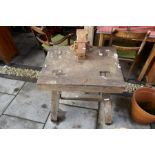 Vintage pine workshop table mounted with a vice