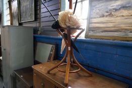 A bentwood hat and coat stand with vintage parasol and umbrella, hardwood chair. Also includes