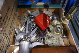 Box of silver plate & brass ware to include pair of decorative brass candlesticks