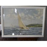 Framed & glazed picture entitled Racing Wings depicting a racing yacht by Montague Davison 1960. In