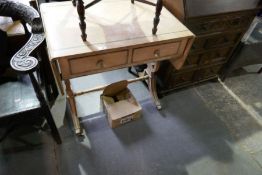 A cream painted sofa table, with two drawers on heart splay supports