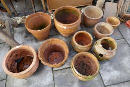 Quantity of various terracotta garden pots including a Strawberry pot, etc