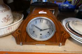 Two mantle clocks, vintage light shades and jug and bowl set AF