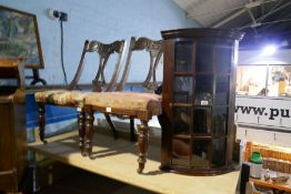 Two carved mahogany bedroom chairs and table/ Fire screen and mahogany corner cupboard with glazed d