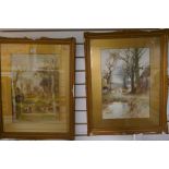 A Haselcrane; a pair of watercolours of country landscapes appears to be by the artist Adelaide Hase