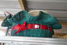 Vintage wicker picnic basket and contents, and other wickerware, plus a quantity of glass bottles