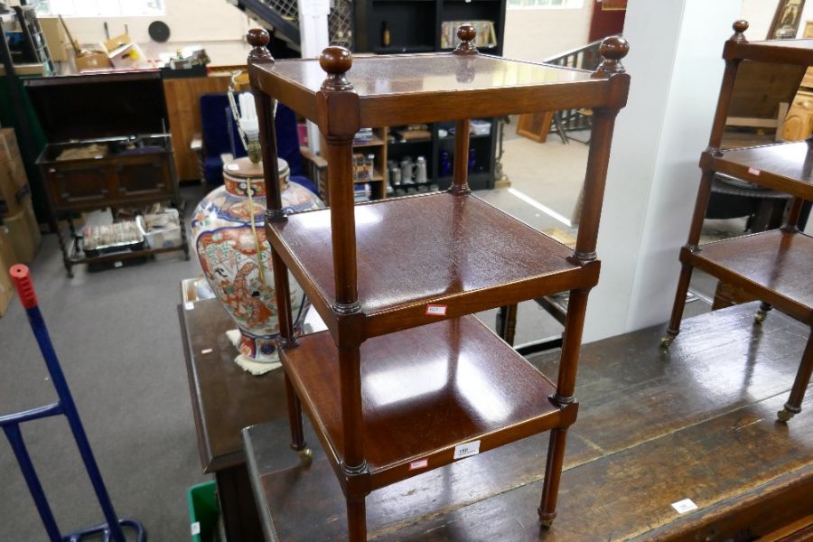 A pair of square mahogany three tier wotnots on castors - Image 3 of 4