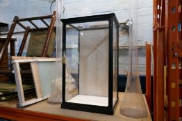 Glass display case and two graduated tall glass vases