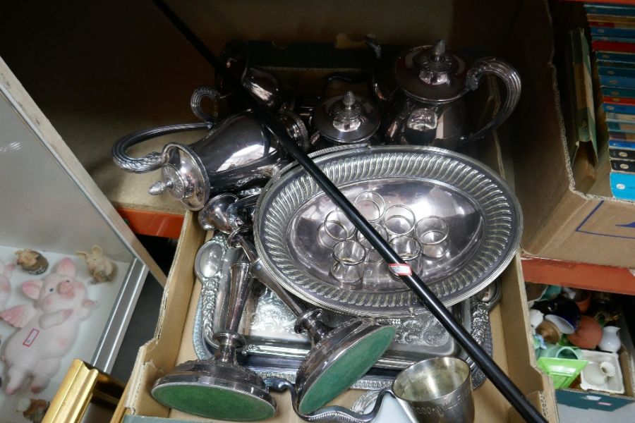 A box of silver plate comprising coffee pots etc and a silver topped walking stick - Image 2 of 5