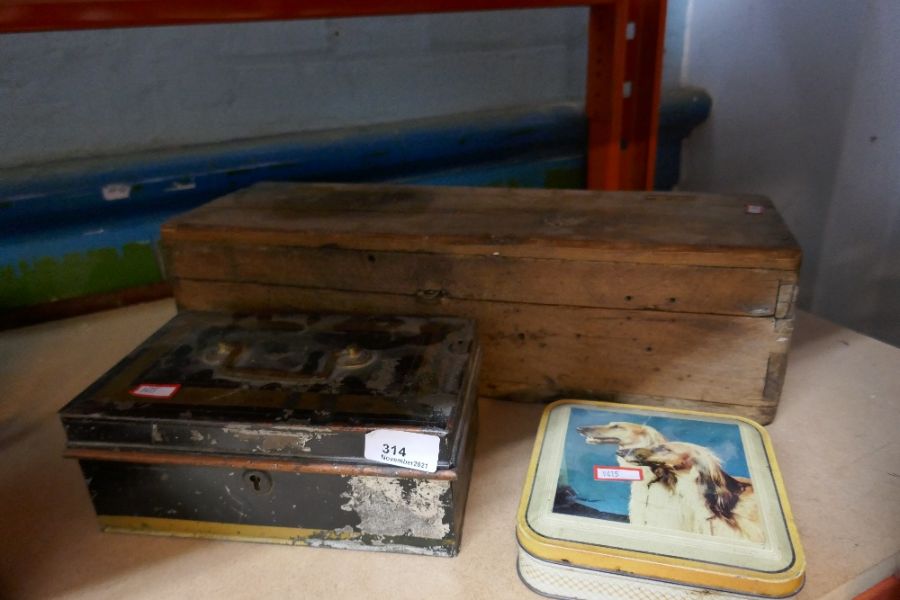 Two vintage tins and a wooden box - Image 4 of 4