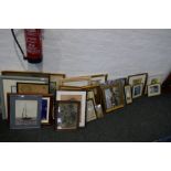 A large collection of various framed, pictures prints, maps etc including oil on canvas sailing vess