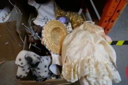 Box of mixed items to include dolls, jewellery holders, model Dalmatian, etc
