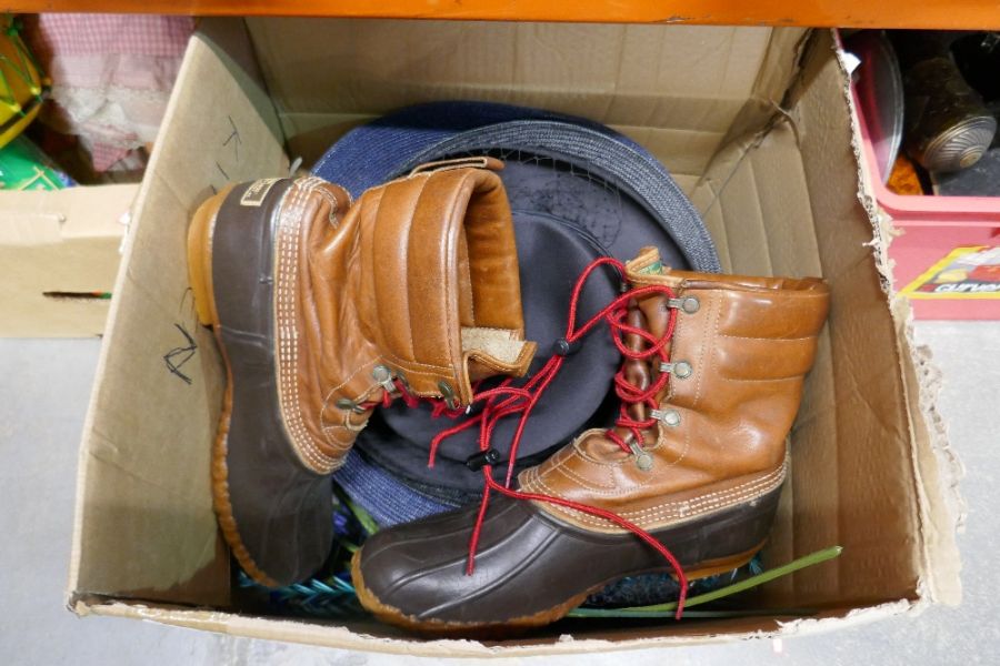 Box containing vintage hats, Maine Hunting shoes size 12 and two boxes of vintage toys, dolls and ga - Image 8 of 8