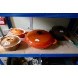 Three Le Creuset casserole dishes, a saucepan and AGA griddle pan