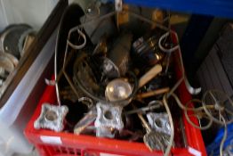 Crate of silver plate and other metalware and box containing collectable metalware, etc
