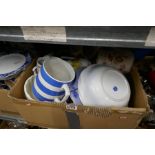 Box of blue & White China to include Doulton Burslem and a box of various jugs, bowls and plates etc