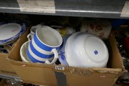 Box of blue & White China to include Doulton Burslem and a box of various jugs, bowls and plates etc