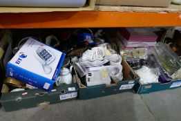Five boxes of mixed china, glass and sundries to include Noritake, and commemorative mugs