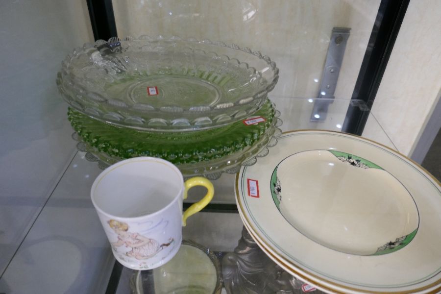 A selection of glass including some 19th century lustres, two Clarice Cliff plates and a Paragon mug - Image 4 of 4