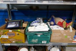Three boxes of mixed China and glassware to include Blue & White pictures etc and a Paddington Bear