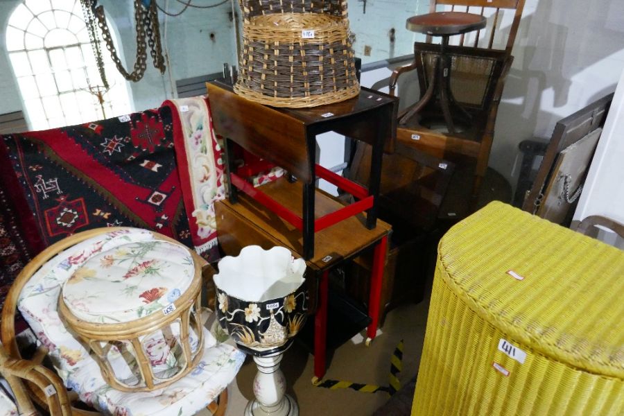 Wicker chair, jardinière and two tea trolleys