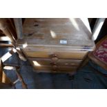 Waxed pine bedside chest, two towel rails and two stools