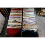 Grey wooden carry box of 80's vinyl single records