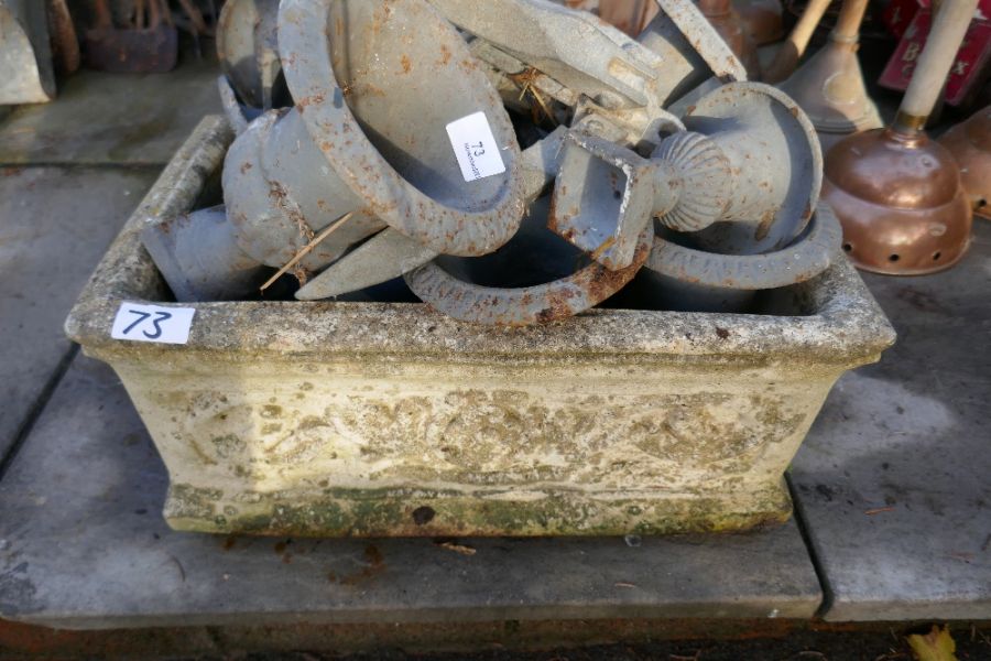 Rectangular stone effect garden planter containing quantity of wrought metal painted miniature urns - Image 2 of 2