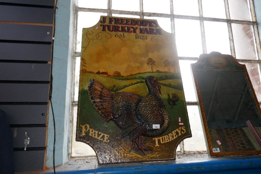 A large wooden Turkey Farm, J Freebodies advertising sign, First Class cabin No. 2 mirror - Image 3 of 3