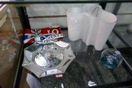 A retro glass Alvar Alto vase, a Caithness paperweight, commemorative dish, etc