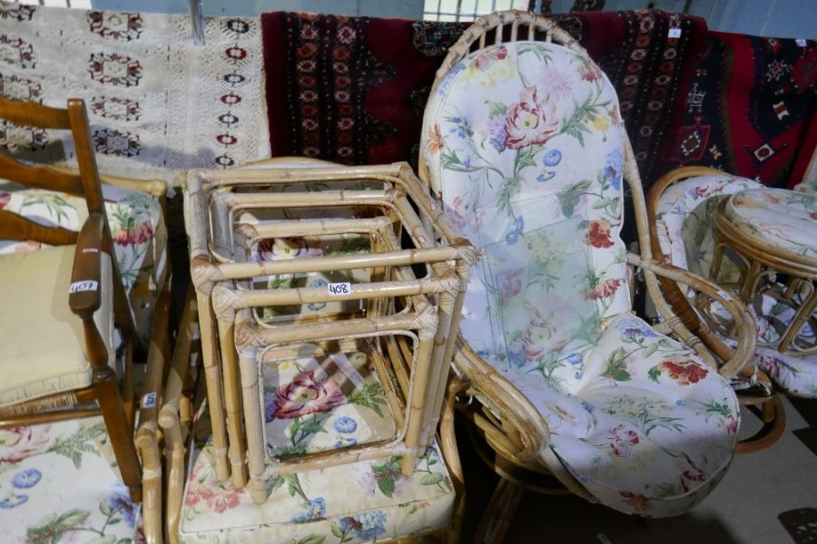 A bamboo conservatory suite comprising 2 arm chairs,  revolving chairs and a nest of tables and foot - Image 2 of 8