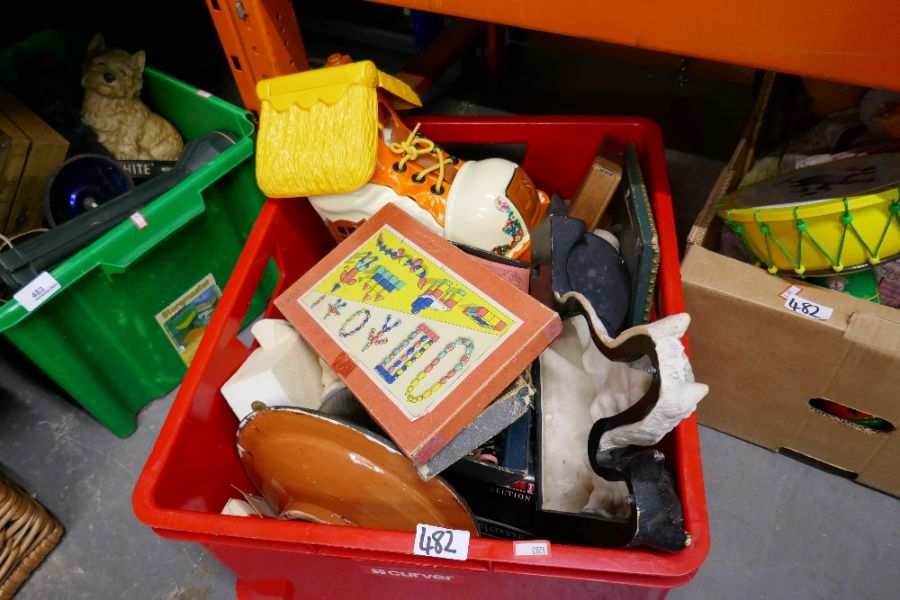 Box containing vintage hats, Maine Hunting shoes size 12 and two boxes of vintage toys, dolls and ga - Image 7 of 8