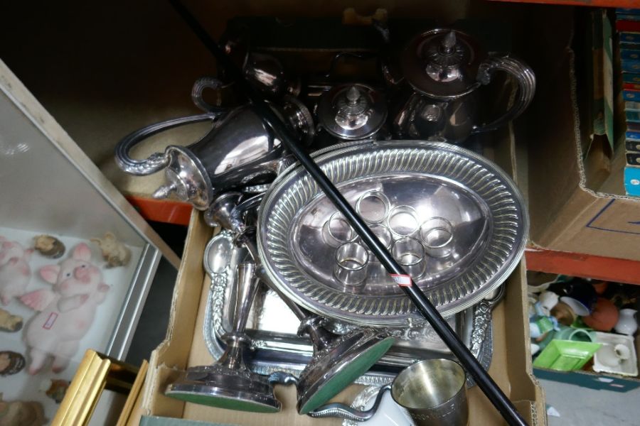 A box of silver plate comprising coffee pots etc and a silver topped walking stick - Image 4 of 5