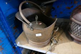 Two brass coal buckets, fire irons, etc