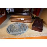 A vintage metal wall plaque Inca in style, and 2 wooden boxes