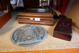 A vintage metal wall plaque Inca in style, and 2 wooden boxes