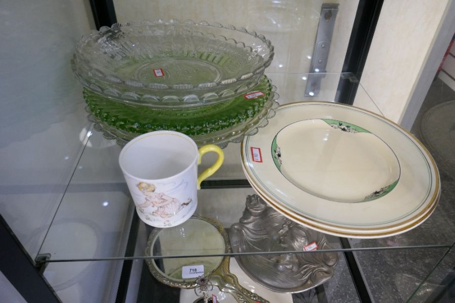 A selection of glass including some 19th century lustres, two Clarice Cliff plates and a Paragon mug - Image 3 of 4