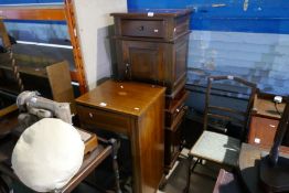 A pair of mahogany bedside chests each with drawer and cupboard and inlaid mahogany record cabinet w