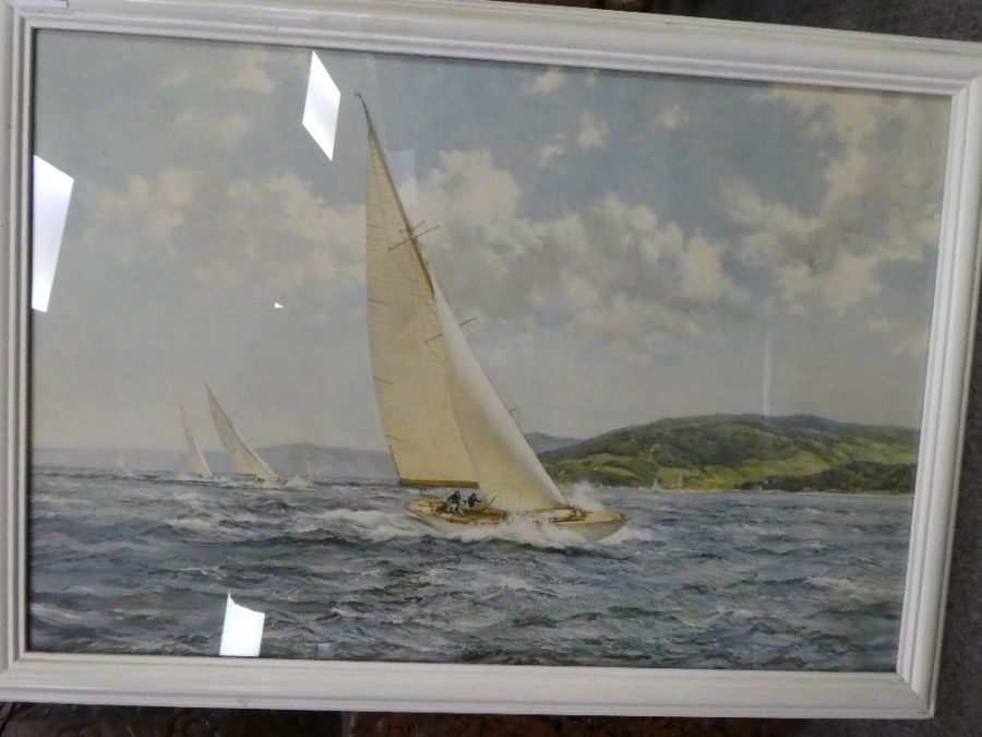 Framed & glazed picture entitled Racing Wings depicting a racing yacht by Montague Davison 1960. In - Image 2 of 2