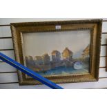 Gilt framed and glazed watercolour depicting a French river scene, signed indistinctly, and a black