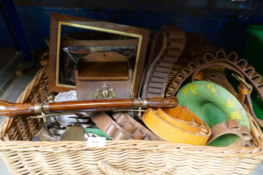 A wicker hamper containing leather ammo belt, wooden box with brass crest, silver plated cutlery - Image 3 of 4