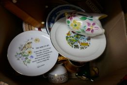 Two boxes of mixed china, vintage glassware, pictures, prints, etc