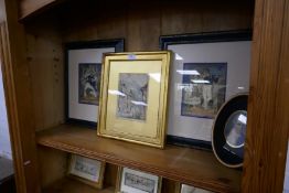 Two framed and glazed silks depicting sailors, oval miniature of Captain Cook, and a signed S. Prout