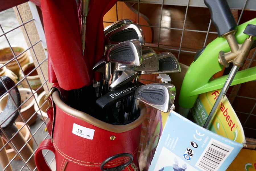 Red leather golf bag containing various Dunlop and Pinseeker clubs (left handed) - Image 2 of 3
