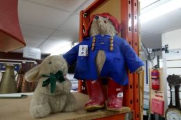 A Paddington Bear, Limited Edition Harrods bear backpack and a Harrods Bunny Rabbit